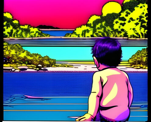 niño mirando el lago, Imagen creada con IA.