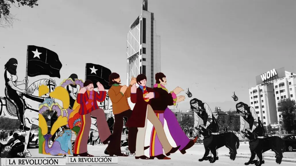 The Beatles y la Estudiante visitan la Plaza de la Dignidad.Elaboración Digital Manuel Marchant R / 2019